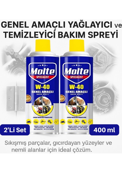 Molte 2’li 400 ml W-40 Pas Sökücü Set – Cıvata, Zincir, Somun Temizliği Için Sanayi Uyumlu, Güçlü Temizlik ve Yağlama Etkili Endüstriyel Bakım Spreyi