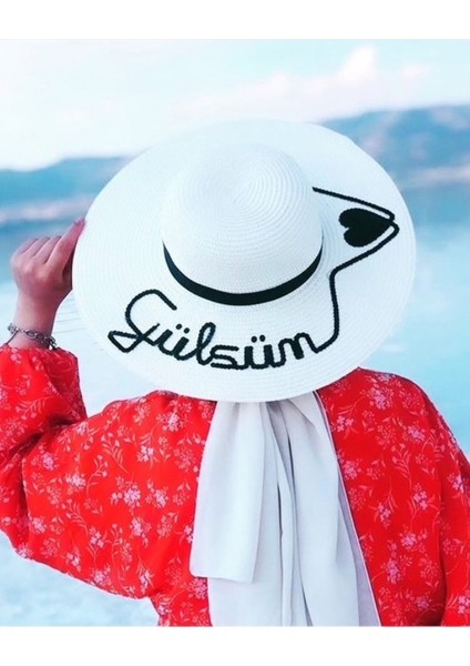 (Isminizi Yazıyoruz) Yazlık Beyaz Kadın Hasır Şapka Kadın Plaj Şapkası Kişiye Özel