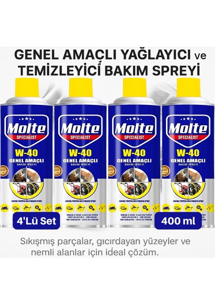 Molte 4’lü 400 ml W-40 Endüstriyel Pas Sökücü Set – Sıkışmış Somun ve Parçaları Gevşeten, Güçlü Yağlama Etkisiyle Yüksek Performans Sunan Temizlik Spreyi