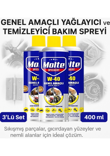 Molte 3’lü 400 ml W-40 Pas Sökücü Sprey Seti – Ağır Hizmet Tipi Sanayi ve Oto Kullanımı Için Güçlü Temizleyici, Yağlayıcı ve Koruyucu Etki Sunar