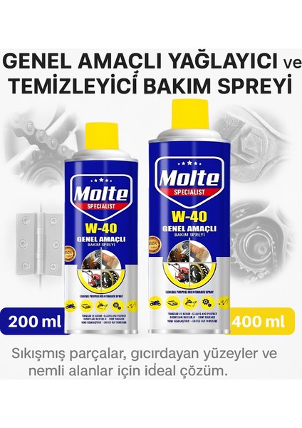 Molte W-40 Kombin Set (400 ml + 200 Ml) – Sanayi ve Ev Tipi Kullanım Için Uygun, Cıvata Somunlardan Ev Menteşelerine Kadar Her Yüzeyde Etkili Temizlik Sunar