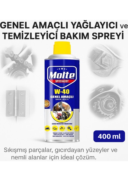 Molte 400 ml W-40 Pas Sökücü Sprey – Sanayi Tipi Güçlü Formül, Motor, Vida ve Somun Temizliği Için Yüksek Performanslı Yağlayıcı ve Temizlik Spreyi