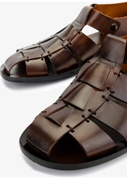 Erkek Hakiki Deri Kahverengi Düz Sandalet 1152 1520 Erk Sndlt Y25 Marrone modelleri