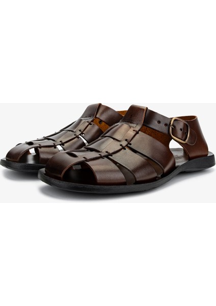 Erkek Hakiki Deri Kahverengi Düz Sandalet 1152 1520 Erk Sndlt Y25 Marrone fırsatları