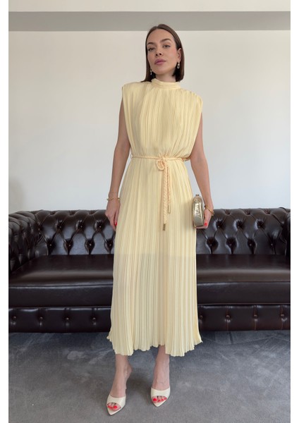 Piliseli Örgü Kemerli Elbise- Sarı