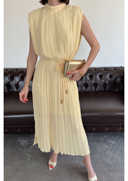 Piliseli Örgü Kemerli Elbise- Sarı fiyatları