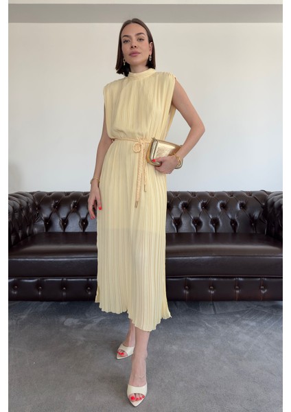Piliseli Örgü Kemerli Elbise- Sarı fırsatları