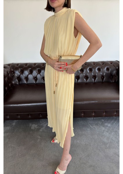 Piliseli Örgü Kemerli Elbise- Sarı indirimleri