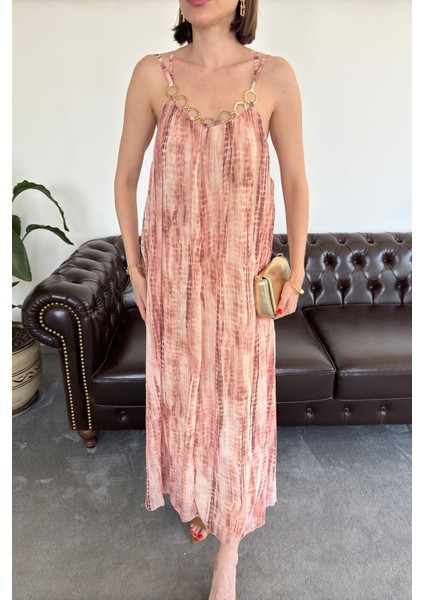 Gold Zincir Detay Desenli Premium Elbise- Bej fırsatları