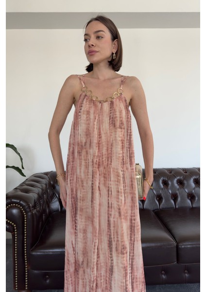 Gold Zincir Detay Desenli Premium Elbise- Bej indirimleri