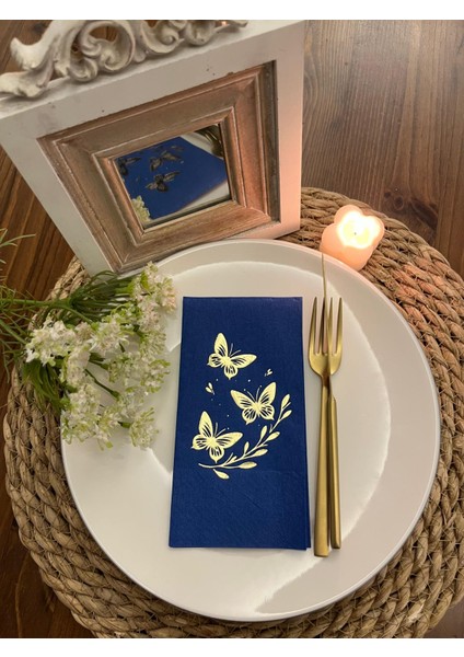 Gold Yaldızlı Bodrum Mavi Kelebek Yaprak Detaylı Peçete 16 Adet