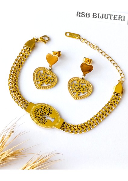 Küpe Kalp Sallantılı Yaşam Ağacı ve Bileklik Yaşam Ağacı Altın Kaplama 316 L Çelik + Hediye Paket