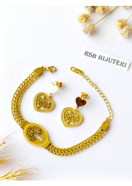 Küpe Kalp Sallantılı Yaşam Ağacı ve Bileklik Yaşam Ağacı Altın Kaplama 316 L Çelik + Hediye Paket modelleri