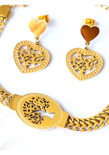 Küpe Kalp Sallantılı Yaşam Ağacı ve Bileklik Yaşam Ağacı Altın Kaplama 316 L Çelik + Hediye Paket fırsatları