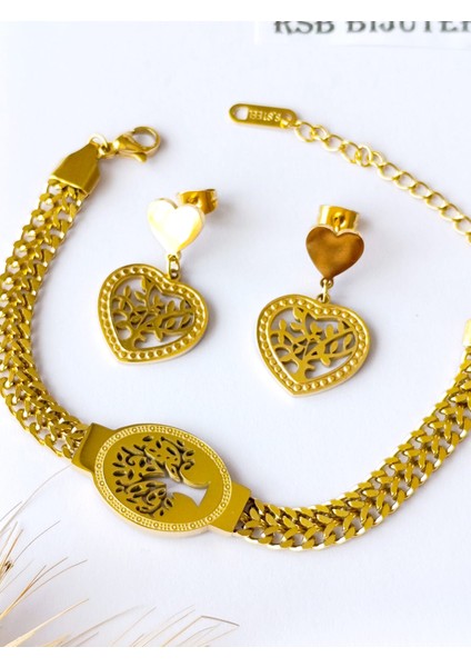 Küpe Kalp Sallantılı Yaşam Ağacı ve Bileklik Yaşam Ağacı Altın Kaplama 316 L Çelik + Hediye Paket indirimleri
