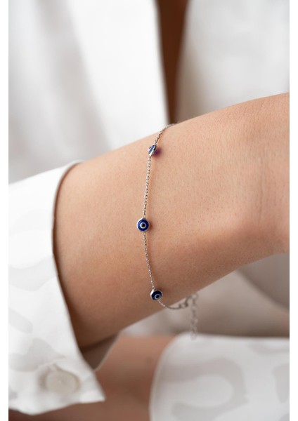 925 Ayar Gümüş Rodyum Tek Sıra Lacivert Nazar Göz Bileklik fiyatları