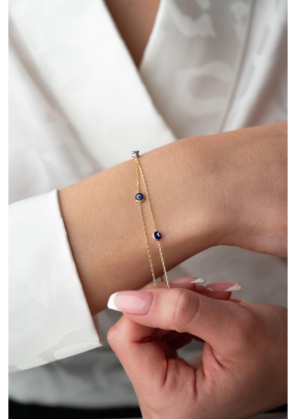 925 Ayar Gümüş Gold Mavi Renkli 2 Sıra Zincirli Nazar Göz Bileklik