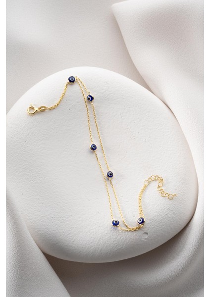 925 Ayar Gümüş Gold Mavi Renkli 2 Sıra Zincirli Nazar Göz Bileklik fiyatları