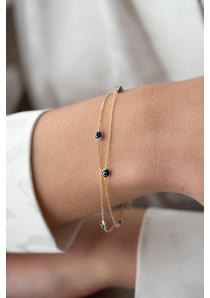 925 Ayar Gümüş Gold Mavi Renkli 2 Sıra Zincirli Nazar Göz Bileklik modelleri