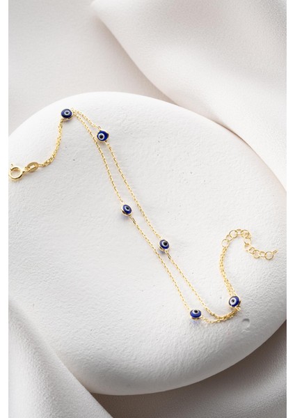 925 Ayar Gümüş Gold Mavi Renkli 2 Sıra Zincirli Nazar Göz Bileklik fırsatları