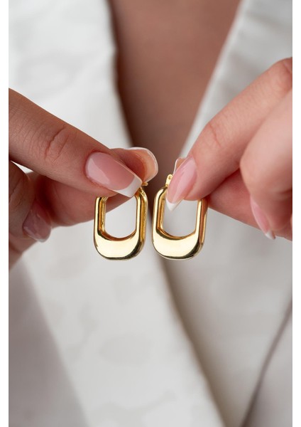 925 Ayar Gümüş Gold Rengi Tombul U Şekil Tasarım Şarnel Küpe