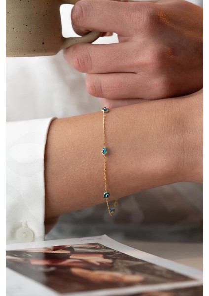 925 Ayar Gümüş Gold Tek Sıra Nazar Göz Bileklik fırsatları