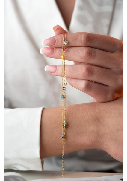 925 Ayar Gümüş Gold Mix Renkli 3 Sıra Zincirli Nazar Göz Bileklik