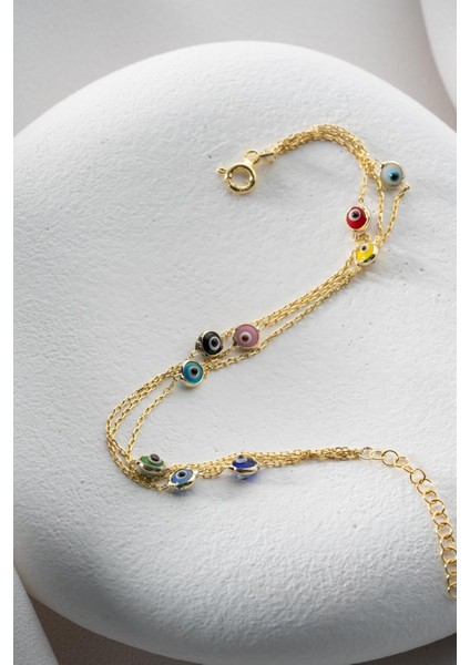 925 Ayar Gümüş Gold Mix Renkli 3 Sıra Zincirli Nazar Göz Bileklik fiyatları