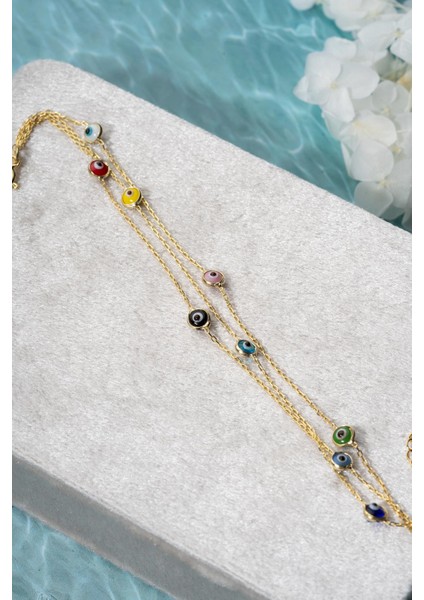 925 Ayar Gümüş Gold Mix Renkli 3 Sıra Zincirli Nazar Göz Bileklik fırsatları
