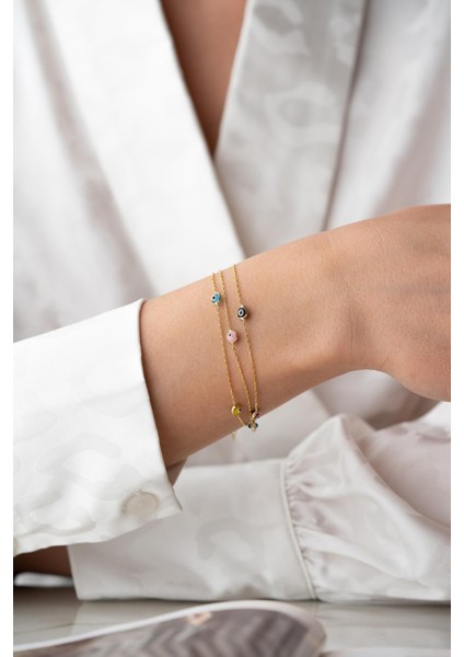925 Ayar Gümüş Gold Mix Renkli 3 Sıra Zincirli Nazar Göz Bileklik indirimleri