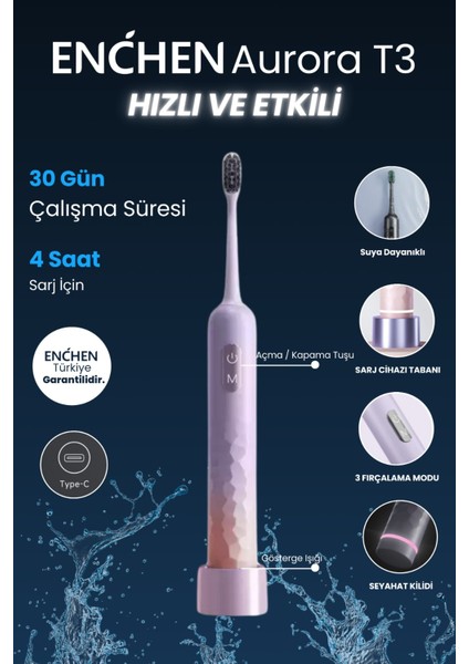Aurora T3 Pembe Değiştirilebilir Başlıklı Şarjlı 3 Farklı Fırçalama Modlu Diş Fırçası