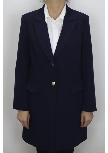 Fistan Store Kadın Lacivert Klasik Kesim Normal Kalıp Çift Düğmeli Büyük Beden Yazlık Blazer Ceket