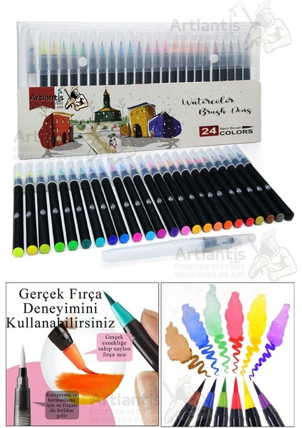 24 Renk Sulu Boya Fırça Uçlu Kalem 1 Paket 24 Lü Watercolors Brush Pen Suluboya Keçe Uçlu Karıştırma Fırçası