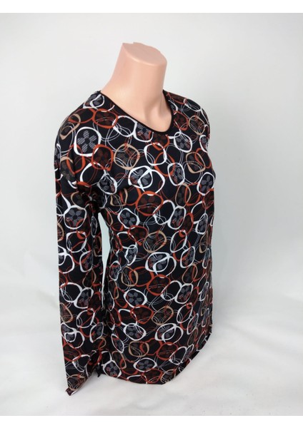 Kadın Siyah Kiremit Beyaz U Yaka Uzun Kollu Desenli Yırtmaçlı Dokuma Viskon Anne Penye Tişört