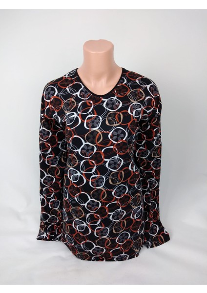 Kadın Siyah Kiremit Beyaz U Yaka Uzun Kollu Desenli Yırtmaçlı Dokuma Viskon Anne Penye Tişört fiyatları