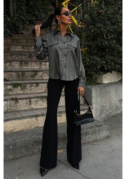 Chanel Saten Premium Çizgili Gömlek 3411