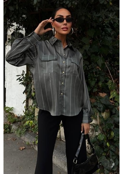 Chanel Saten Premium Çizgili Gömlek 3411