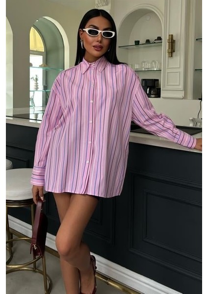 Çizgili Pembe Poplin Gömlek 3451