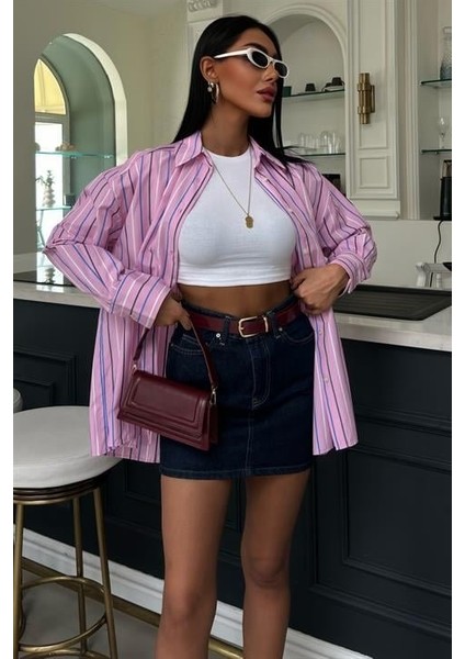 Çizgili Pembe Poplin Gömlek 3451