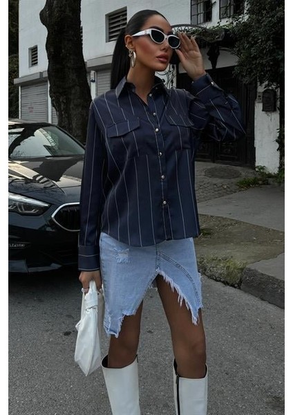 Chanel Saten Premium Çizgili Gömlek 3411