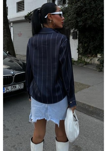 Chanel Saten Premium Çizgili Gömlek 3411
