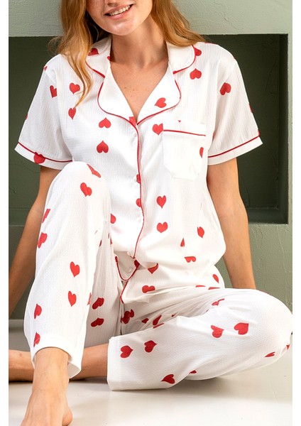 Kısa Kol Gömlek Yaka Kadın Pinterest Pijama Takımı - Yazlık Kadın Pijama- Geniş Beden Aralığı fiyatları