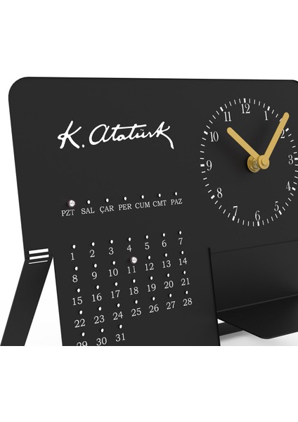 - Kemal Atatürk İmzalı Metal Masa Saati ve Takvimi - Siyah & Beyaz - 27x14x24 cm - Ofis Dekorasyonları - APH251 indirimleri