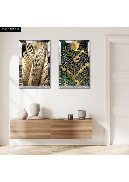 Gümüş Aynalı Pleksi Çerçeveli Soyut Gold Desenli Modern Ikili Mdf Tablo Seti