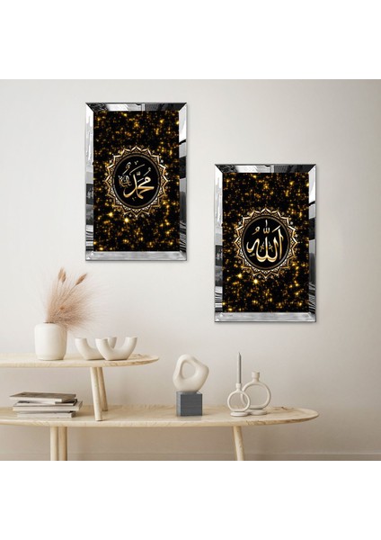 Gümüş Aynalı Pleksi Çerçeveli Siyah Arka Planlı Soyut Gold Işıltılı Dini Ikili Mdf Tablo Seti fiyatları