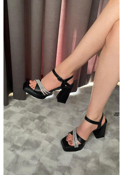Kadın Ponti Siyah Çapraz Bantlı Taşlı 10 cm Platfom Topuklu Aykkabı modelleri