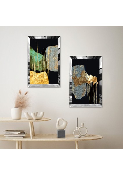 Gümüş Aynalı Pleksi Çerçeveli Siyah Arka Planlı Modern Soyut Taş Ikili Mdf Tablo Seti fiyatları