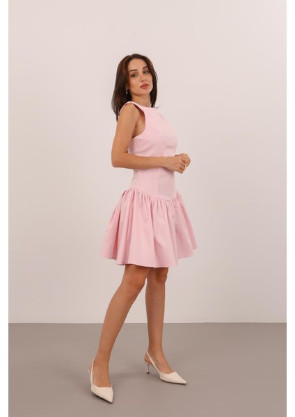 Kadın Pembe Eteği Volanlı Elbise
