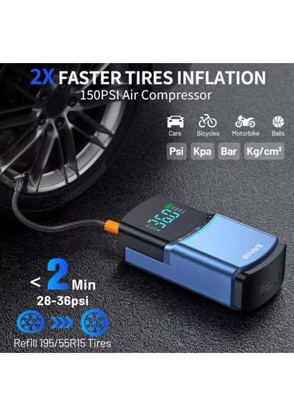 Akü Takviye Cihazı Marş Moturu Start 8000MAH 14.8V, 150PSİ Lastik Şişirme Pompası, Powerbank