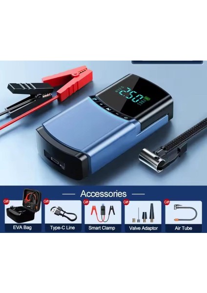Akü Takviye Cihazı Marş Moturu Start 8000MAH 14.8V, 150PSİ Lastik Şişirme Pompası, Powerbank